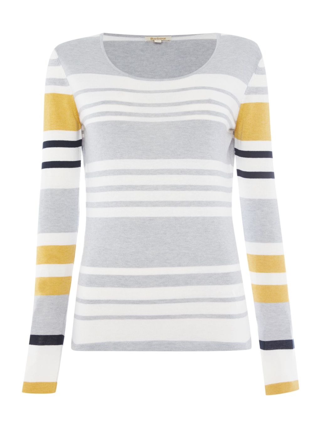 Bowline Stripe Knit Jumper, Grey - neckline: scoop neck; pattern: horizontal stripes; length: below the bottom; style: standard; secondary colour: mustard; predominant colour: light grey; occasions: casual, creative work; fibres: cotton - mix; fit: standard fit; sleeve length: long sleeve; sleeve style: standard; texture group: knits/crochet; pattern type: knitted - fine stitch; pattern size: standard; multicoloured: multicoloured; season: a/w 2015