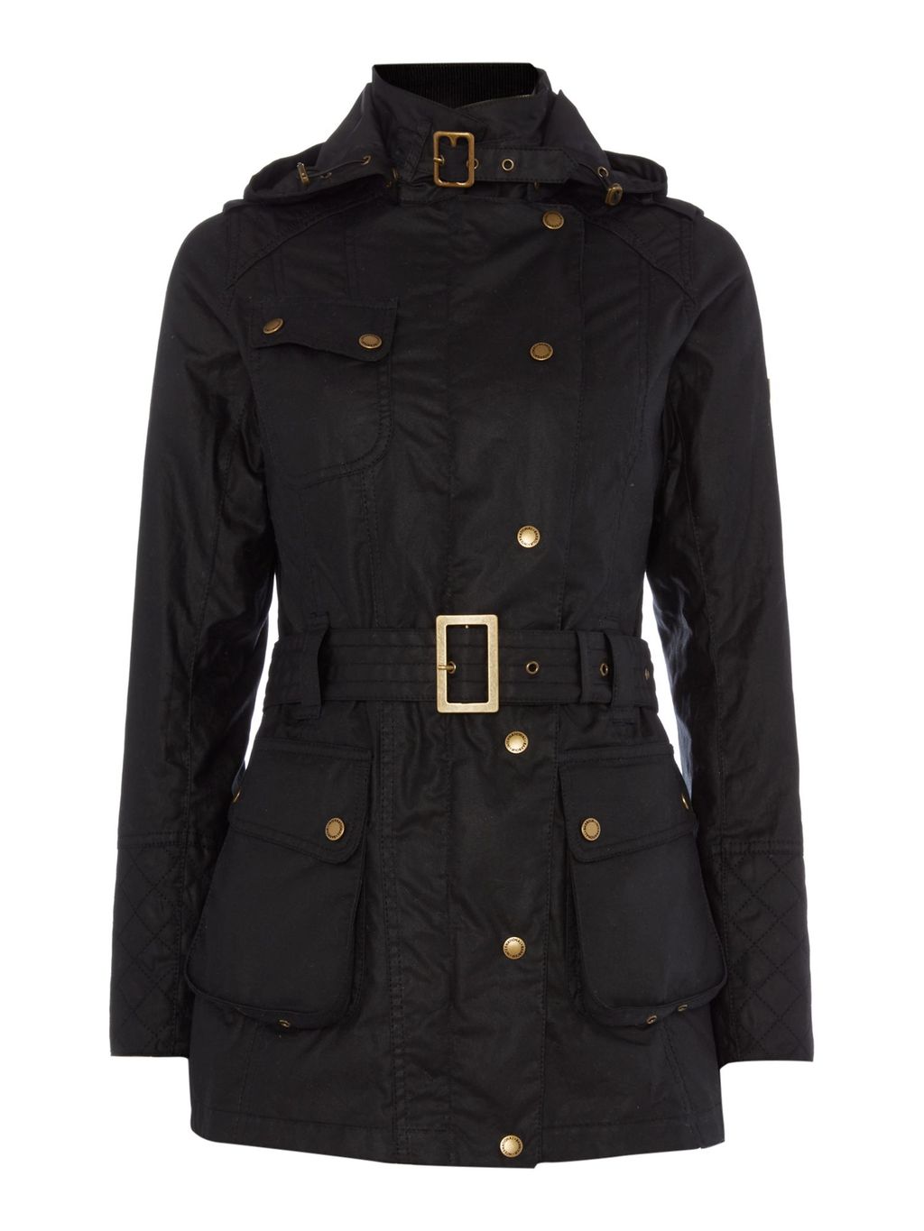International Hairpin Hooded Wax Jacket, Black - pattern: plain; length: below the bottom; back detail: hood; collar: high neck; predominant colour: black; occasions: casual, creative work; fit: straight cut (boxy); fibres: cotton - 100%; waist detail: belted waist/tie at waist/drawstring; sleeve length: long sleeve; sleeve style: standard; texture group: waxed cotton; collar break: high; pattern type: fabric; style: waxed; season: a/w 2015
