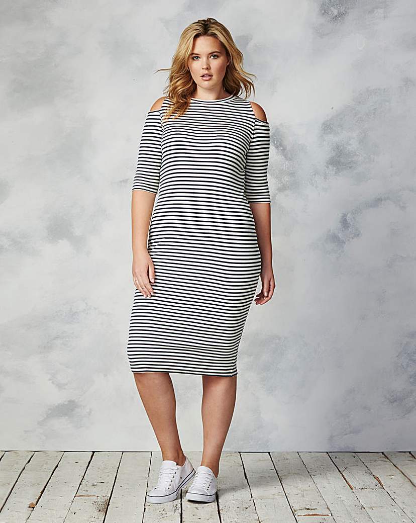 Cold Shoulder Midi Dress - style: shift; length: below the knee; pattern: horizontal stripes; secondary colour: white; predominant colour: black; occasions: evening; fit: body skimming; fibres: cotton - stretch; neckline: crew; shoulder detail: cut out shoulder; sleeve length: half sleeve; sleeve style: standard; texture group: jersey - clingy; pattern type: fabric; multicoloured: multicoloured; season: a/w 2015