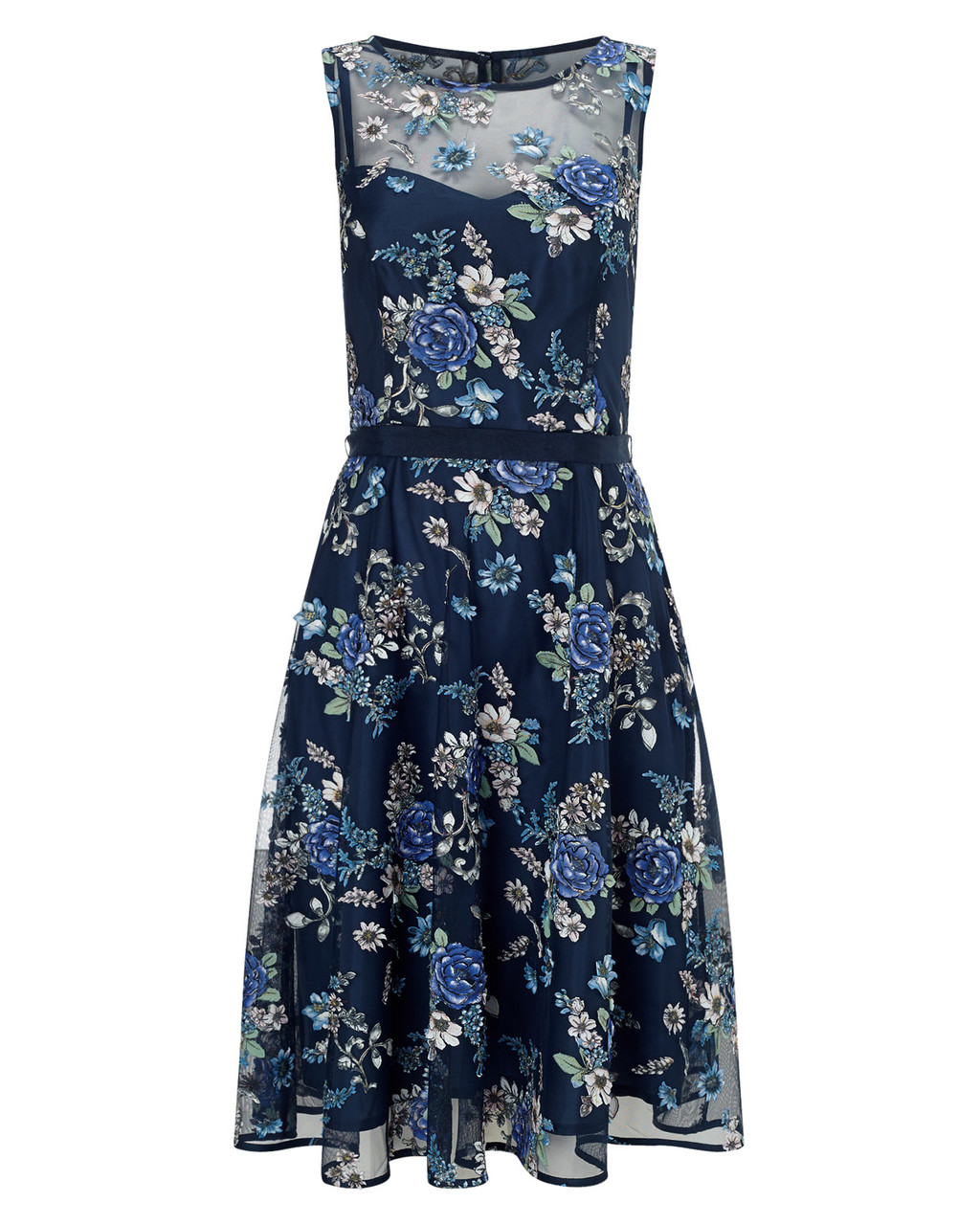 Prudence Fit And Flare Dress - sleeve style: sleeveless; predominant colour: navy; length: on the knee; fit: fitted at waist & bust; style: fit & flare; fibres: polyester/polyamide - 100%; occasions: occasion; neckline: crew; sleeve length: sleeveless; texture group: sheer fabrics/chiffon/organza etc.; pattern type: fabric; pattern size: standard; pattern: florals; multicoloured: multicoloured; season: a/w 2015