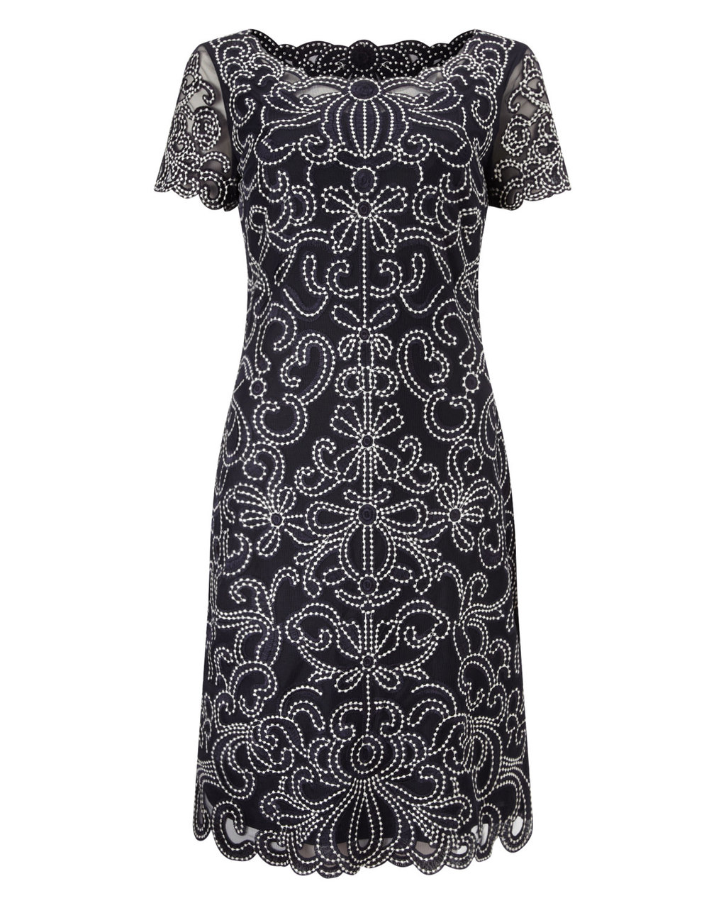 Taya Dress - style: shift; neckline: round neck; fit: tailored/fitted; predominant colour: navy; secondary colour: silver; occasions: evening, occasion; length: just above the knee; fibres: polyester/polyamide - 100%; sleeve length: short sleeve; sleeve style: standard; texture group: sheer fabrics/chiffon/organza etc.; pattern type: fabric; pattern size: standard; pattern: patterned/print; embellishment: beading; season: a/w 2015