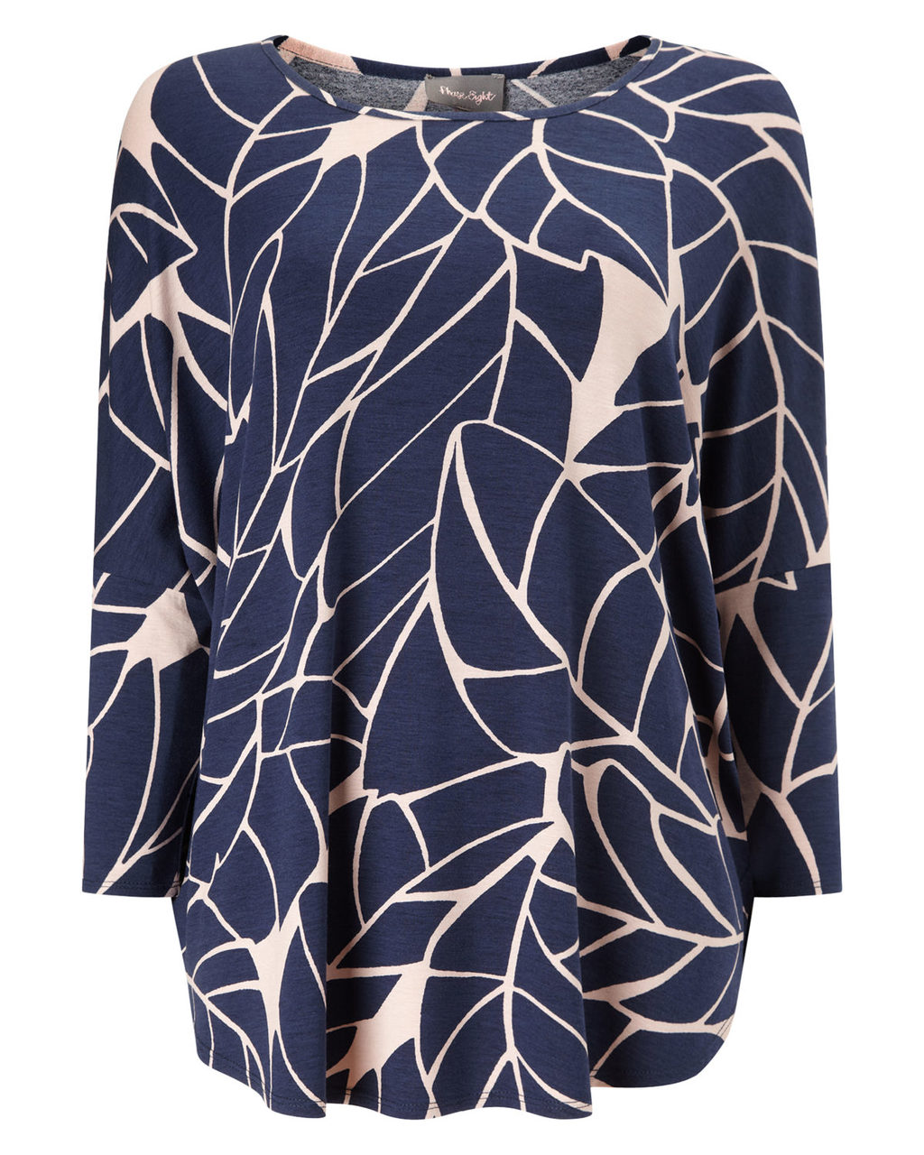 Kelsie Print Top - neckline: slash/boat neckline; sleeve style: dolman/batwing; secondary colour: ivory/cream; predominant colour: navy; occasions: casual; length: standard; style: top; fibres: cotton - stretch; fit: loose; sleeve length: 3/4 length; pattern type: fabric; pattern size: standard; pattern: florals; texture group: jersey - stretchy/drapey; season: a/w 2015