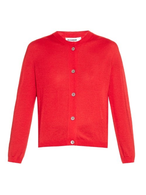 Cashmere And Silk Blend Cardigan - neckline: round neck; pattern: plain; length: cropped; predominant colour: true red; occasions: casual, creative work; style: standard; fibres: silk - mix; fit: slim fit; sleeve length: 3/4 length; sleeve style: standard; texture group: knits/crochet; pattern type: knitted - other; season: a/w 2015