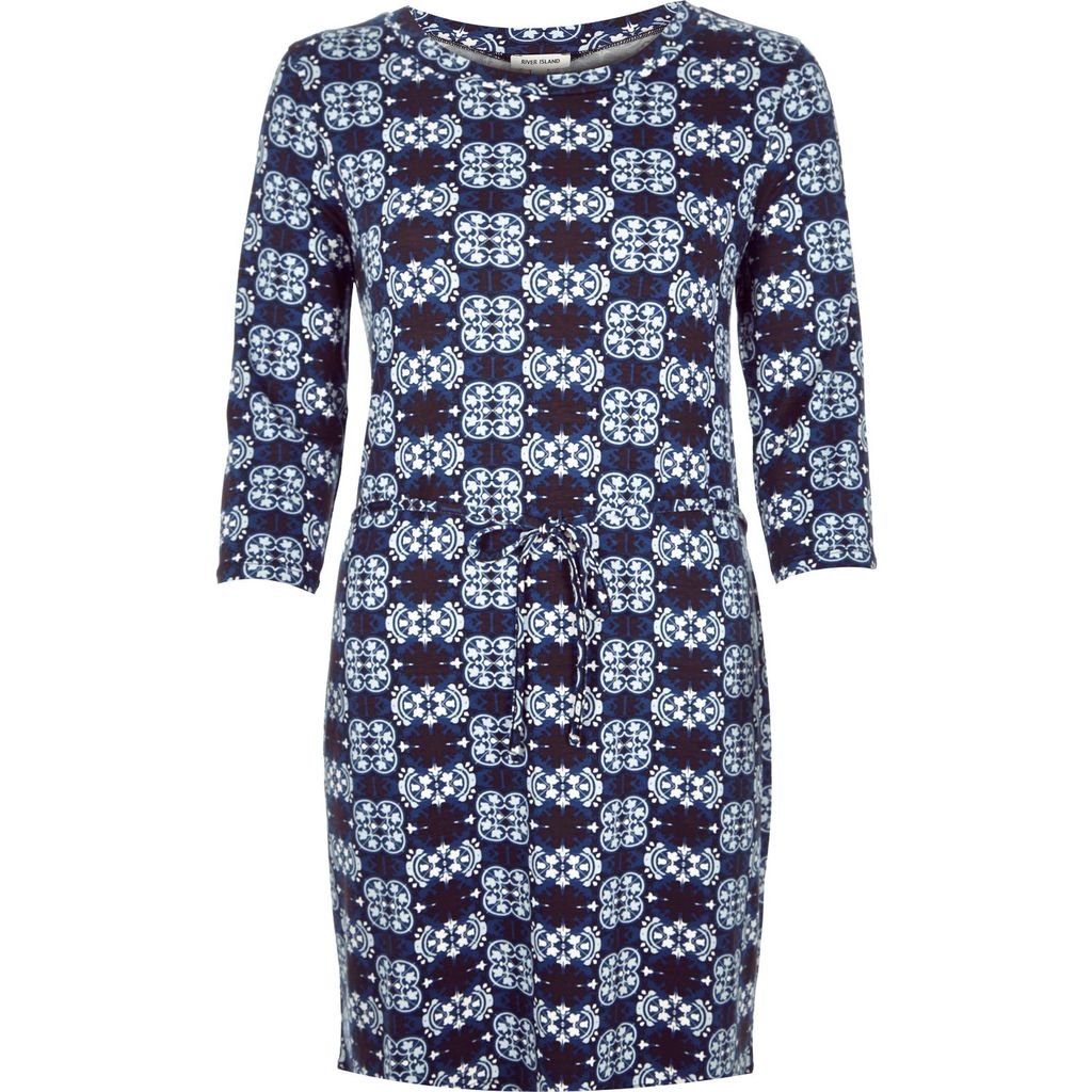 Womens Blue Geometric Belted Bodycon Tunic - length: mini; fit: tight; style: bodycon; waist detail: belted waist/tie at waist/drawstring; secondary colour: pale blue; predominant colour: navy; occasions: evening; fibres: viscose/rayon - stretch; neckline: crew; sleeve length: 3/4 length; sleeve style: standard; texture group: jersey - clingy; pattern type: fabric; pattern: florals; multicoloured: multicoloured; season: a/w 2015
