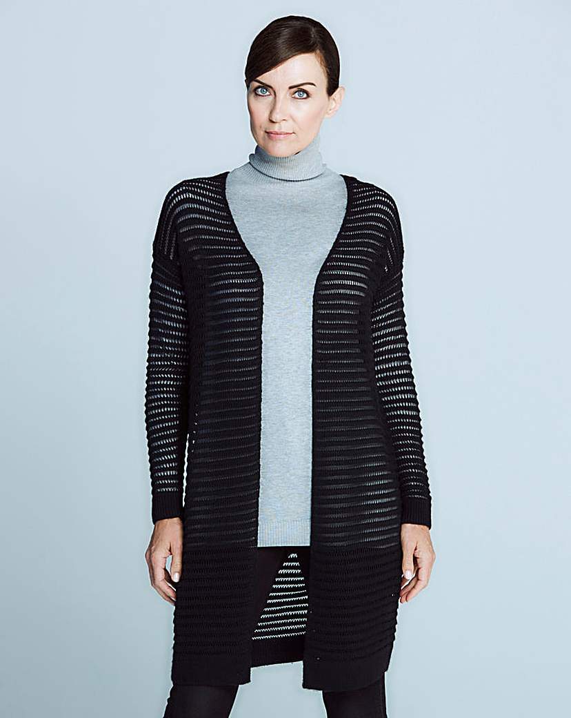Sheer Trim Cardigan - pattern: plain; neckline: collarless open; style: open front; length: on the knee; predominant colour: black; occasions: evening; fibres: acrylic - mix; fit: slim fit; sleeve length: long sleeve; sleeve style: standard; texture group: knits/crochet; pattern type: fabric; season: a/w 2015
