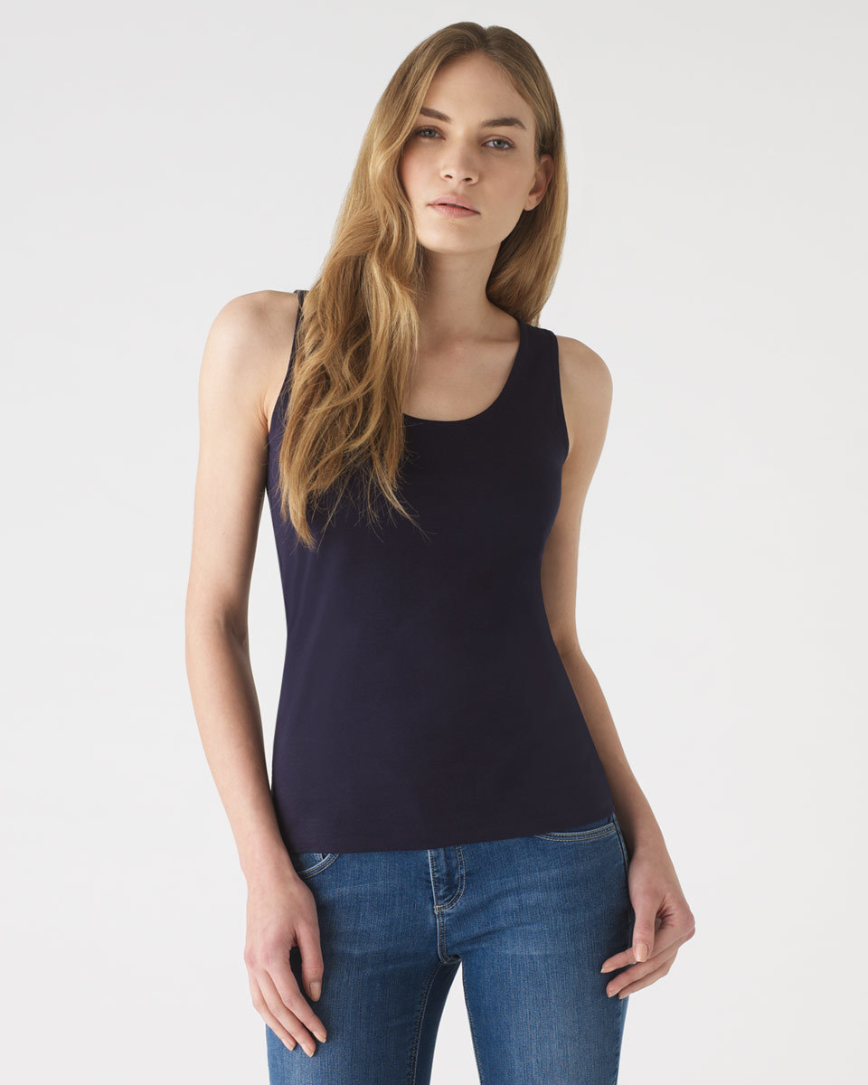Double Front Vest Top - pattern: plain; sleeve style: sleeveless; style: vest top; predominant colour: navy; secondary colour: navy; occasions: casual; length: standard; neckline: scoop; fibres: cotton - stretch; fit: body skimming; sleeve length: sleeveless; pattern type: fabric; texture group: jersey - stretchy/drapey; season: a/w 2015