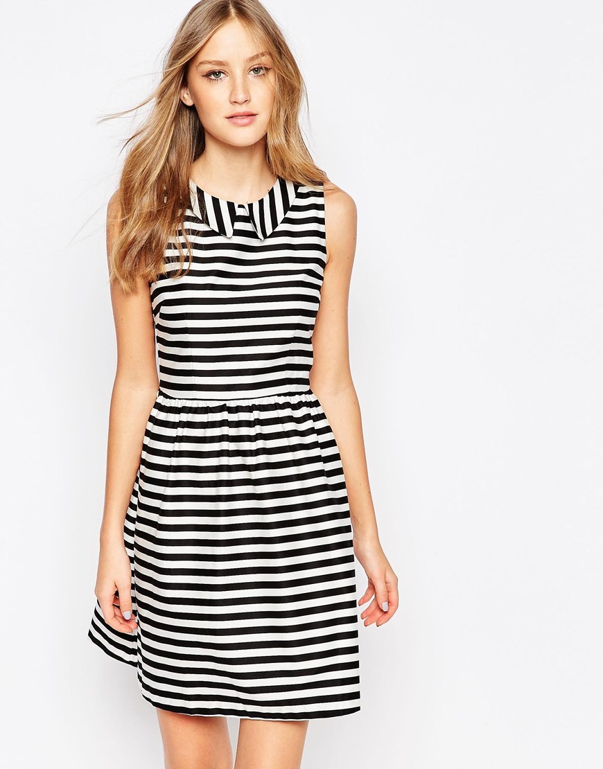 Skater Dress In Stripe Black/White - style: shift; pattern: horizontal stripes; sleeve style: sleeveless; secondary colour: white; predominant colour: black; occasions: evening, occasion, creative work; length: just above the knee; fit: soft a-line; fibres: cotton - mix; neckline: no opening/shirt collar/peter pan; sleeve length: sleeveless; texture group: sheer fabrics/chiffon/organza etc.; pattern type: fabric; pattern size: standard; season: a/w 2015