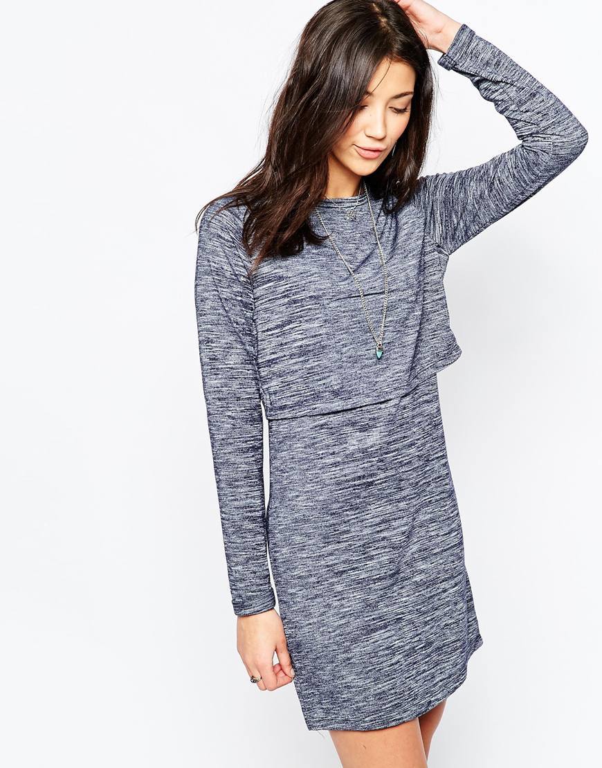 Long Sleeve Jersey Dress With Cross Back Navy - style: shift; length: mid thigh; pattern: plain; bust detail: ruching/gathering/draping/layers/pintuck pleats at bust; predominant colour: mid grey; secondary colour: mid grey; occasions: casual; fit: body skimming; fibres: polyester/polyamide - stretch; neckline: crew; sleeve length: long sleeve; sleeve style: standard; pattern type: fabric; texture group: jersey - stretchy/drapey; season: a/w 2015