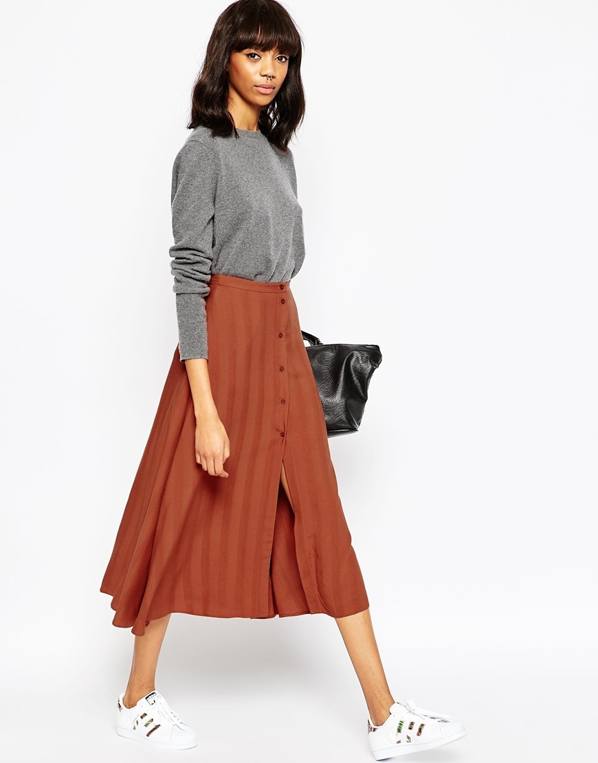 Midi Skirt With Button Through In Self Stripe Rust - length: below the knee; pattern: vertical stripes; fit: loose/voluminous; waist: high rise; predominant colour: terracotta; occasions: casual, creative work; style: a-line; fibres: viscose/rayon - 100%; pattern type: fabric; texture group: other - light to midweight; pattern size: light/subtle (bottom); season: a/w 2015