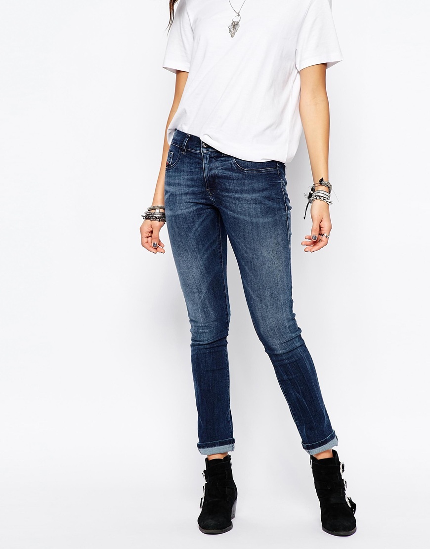 Livier Low Rise Skinny Jeans Blue - style: skinny leg; length: standard; pattern: plain; waist: high rise; pocket detail: traditional 5 pocket; predominant colour: denim; occasions: casual; fibres: cotton - stretch; jeans detail: whiskering, shading down centre of thigh; texture group: denim; pattern type: fabric; season: a/w 2015