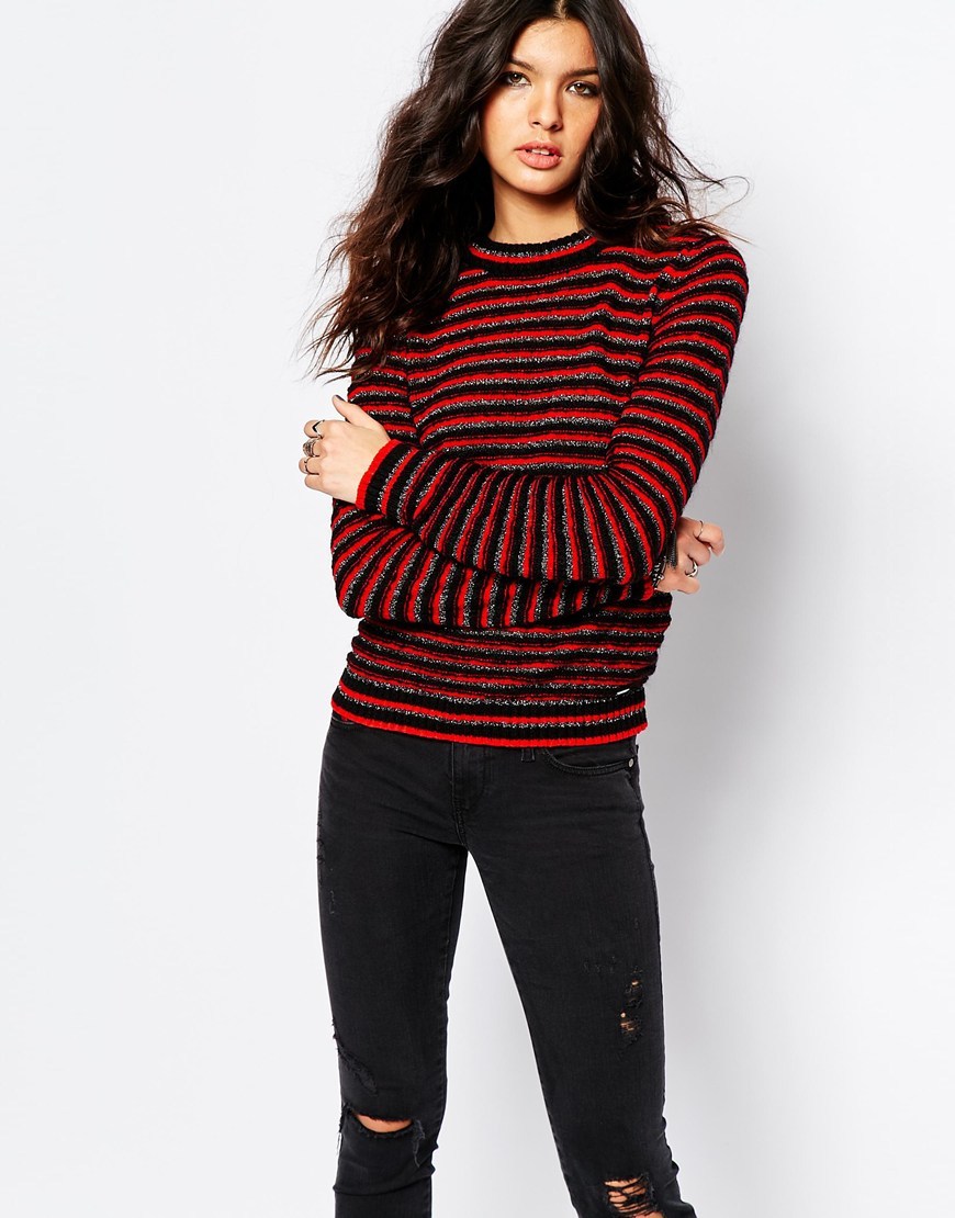 Striped Jumper With Lurex Multi - pattern: horizontal stripes; style: standard; predominant colour: true red; secondary colour: black; occasions: casual, creative work; length: standard; fibres: acrylic - mix; fit: slim fit; neckline: crew; sleeve length: long sleeve; sleeve style: standard; texture group: knits/crochet; pattern type: knitted - fine stitch; pattern size: big & busy (top); multicoloured: multicoloured; season: a/w 2015