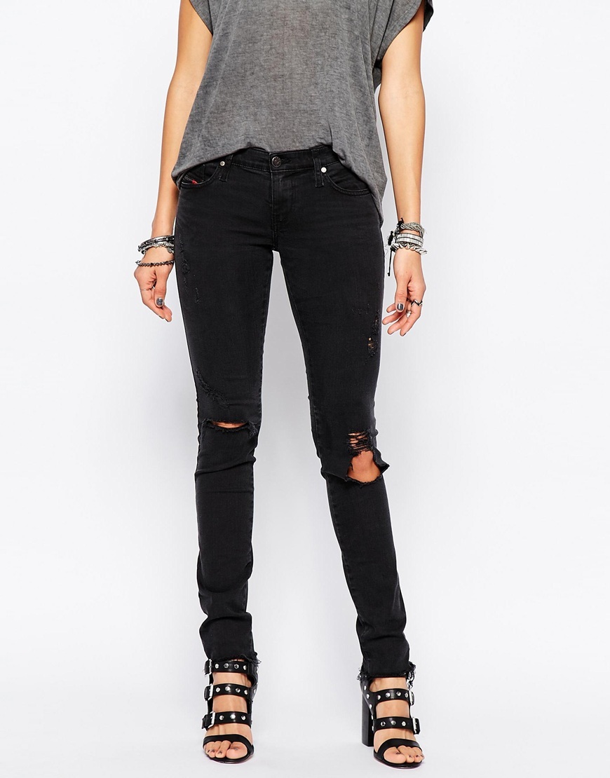 Skinzee Low Rise Super Skinny Jeans With Distressing Blue - style: skinny leg; length: standard; pattern: plain; pocket detail: traditional 5 pocket; waist: mid/regular rise; predominant colour: navy; occasions: casual; fibres: cotton - stretch; jeans detail: dark wash, rips; texture group: denim; pattern type: fabric; season: a/w 2015