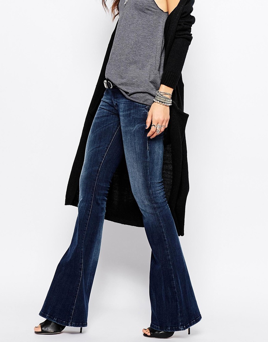 Livier Low Rise Super Slim Flared Jeans Blue - style: flares; length: standard; pattern: plain; pocket detail: traditional 5 pocket; waist: mid/regular rise; predominant colour: navy; occasions: casual; fibres: cotton - stretch; jeans detail: dark wash; texture group: denim; pattern type: fabric; season: a/w 2015