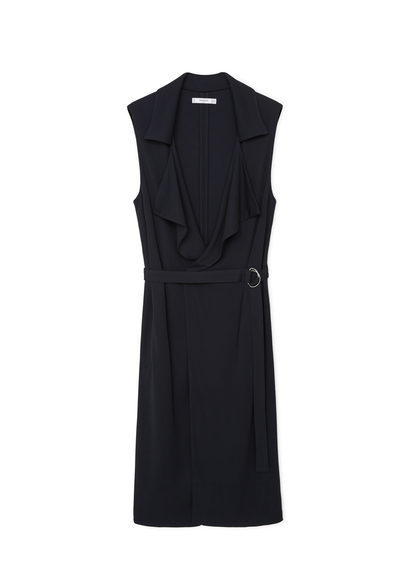 Flowy Gilet - pattern: plain; sleeve style: sleeveless; style: belted jacket; collar: standard lapel/rever collar; length: on the knee; predominant colour: navy; occasions: casual, evening; fit: tailored/fitted; fibres: polyester/polyamide - mix; waist detail: belted waist/tie at waist/drawstring; sleeve length: sleeveless; collar break: medium; pattern type: fabric; pattern size: standard; texture group: woven light midweight; season: a/w 2015