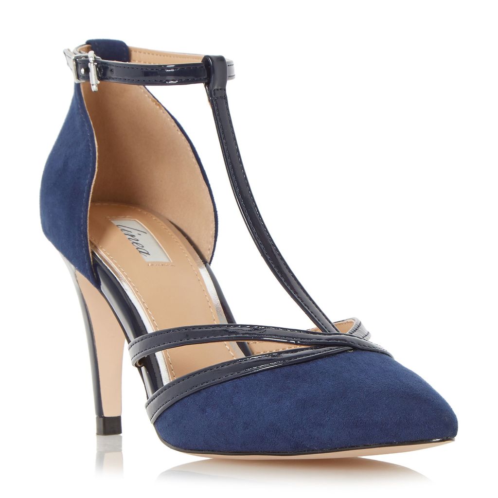 Clarice Pointed Toe T Bar Court Shoes, Navy - predominant colour: navy; secondary colour: black; occasions: evening, occasion; heel height: high; ankle detail: ankle strap; heel: stiletto; toe: pointed toe; style: t-bar; finish: plain; pattern: colourblock; material: faux suede; season: a/w 2015