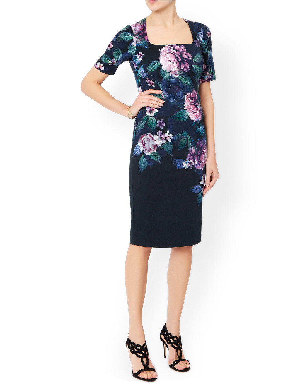 Peony Shift Dress - style: shift; fit: tailored/fitted; secondary colour: magenta; predominant colour: navy; occasions: evening, occasion; length: on the knee; fibres: polyester/polyamide - 100%; sleeve length: short sleeve; sleeve style: standard; texture group: structured shiny - satin/tafetta/silk etc.; neckline: low square neck; pattern type: fabric; pattern size: big & busy; pattern: florals; multicoloured: multicoloured; season: a/w 2015