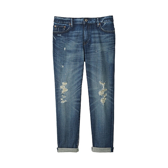 Women Slim Boyfriend Fit Ankle Jeans Blue - style: boyfriend; pattern: plain; pocket detail: traditional 5 pocket; waist: mid/regular rise; predominant colour: denim; occasions: casual; length: ankle length; fibres: cotton - stretch; jeans detail: whiskering, rips; jeans & bottoms detail: turn ups; texture group: denim; pattern type: fabric; season: a/w 2015