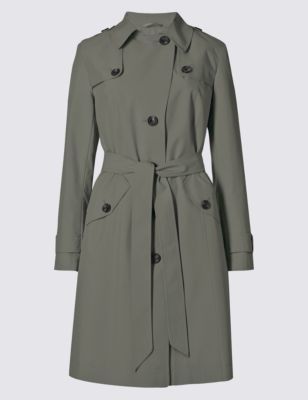 Belted Mac With Stormwear™ - pattern: plain; style: trench coat; collar: standard lapel/rever collar; length: mid thigh; predominant colour: charcoal; occasions: casual, creative work; fit: tailored/fitted; fibres: polyester/polyamide - 100%; waist detail: belted waist/tie at waist/drawstring; back detail: back vent/flap at back; sleeve length: long sleeve; sleeve style: standard; collar break: medium; pattern type: fabric; texture group: woven light midweight; season: a/w 2015