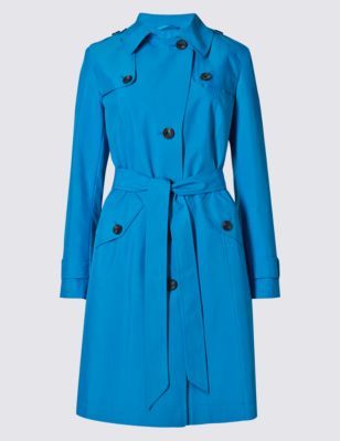 Belted Mac With Stormwear™ - pattern: plain; style: trench coat; collar: standard lapel/rever collar; length: mid thigh; predominant colour: diva blue; occasions: casual, creative work; fit: tailored/fitted; fibres: polyester/polyamide - 100%; waist detail: belted waist/tie at waist/drawstring; sleeve length: long sleeve; sleeve style: standard; collar break: medium; pattern type: fabric; texture group: woven light midweight; season: a/w 2015
