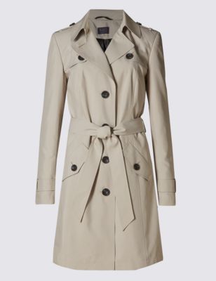 Belted Mac With Stormwear™ - pattern: plain; style: trench coat; collar: standard lapel/rever collar; length: mid thigh; predominant colour: stone; occasions: casual, creative work; fit: tailored/fitted; fibres: polyester/polyamide - 100%; waist detail: belted waist/tie at waist/drawstring; sleeve length: long sleeve; sleeve style: standard; collar break: medium; pattern type: fabric; texture group: woven light midweight; season: a/w 2015; trends: modern utility, brilliant basics