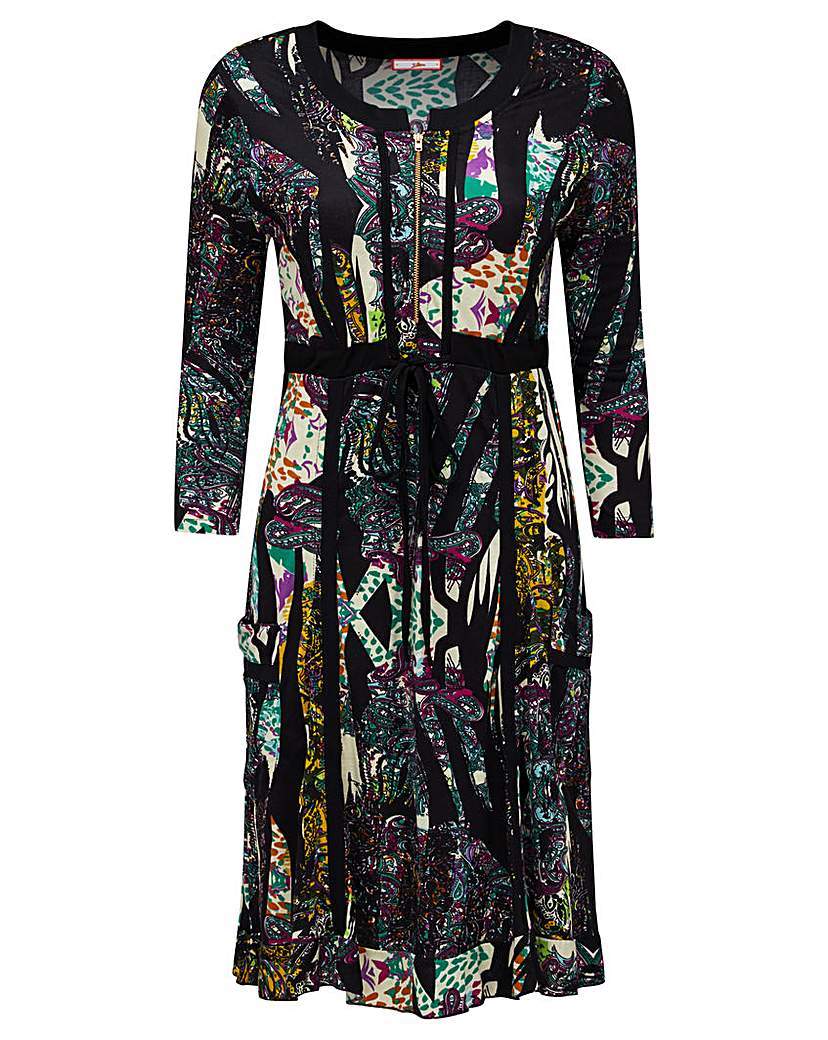 Joe Browns Mexicana Dress - style: shift; neckline: round neck; fit: fitted at waist; secondary colour: mustard; predominant colour: black; occasions: evening; length: just above the knee; fibres: viscose/rayon - 100%; sleeve length: 3/4 length; sleeve style: standard; pattern type: fabric; pattern size: light/subtle; pattern: patterned/print; texture group: jersey - stretchy/drapey; multicoloured: multicoloured; season: a/w 2015