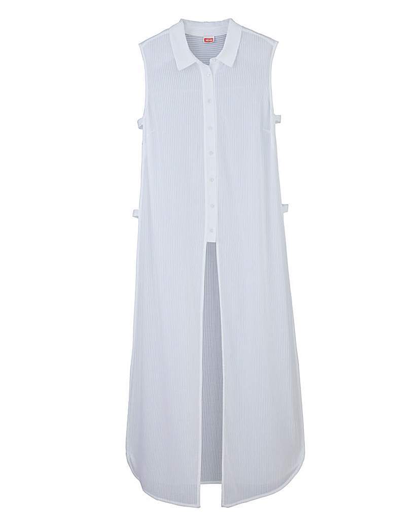 Maxi Tabard Shirt - neckline: shirt collar/peter pan/zip with opening; pattern: plain; sleeve style: sleeveless; style: shirt; bust detail: buttons at bust (in middle at breastbone)/zip detail at bust; predominant colour: pale blue; occasions: casual, creative work; length: standard; fibres: polyester/polyamide - 100%; fit: loose; hip detail: slits at hip; sleeve length: sleeveless; pattern type: fabric; texture group: other - light to midweight; season: a/w 2015