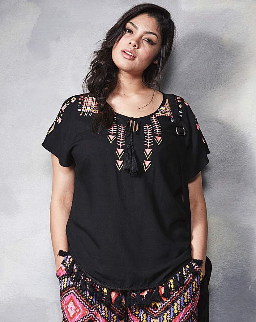 Aztec Embroidered Top - neckline: round neck; bust detail: added detail/embellishment at bust; length: below the bottom; predominant colour: black; occasions: casual; style: top; fibres: viscose/rayon - stretch; fit: body skimming; sleeve length: long sleeve; sleeve style: standard; pattern type: fabric; pattern size: standard; pattern: patterned/print; texture group: other - light to midweight; season: a/w 2015