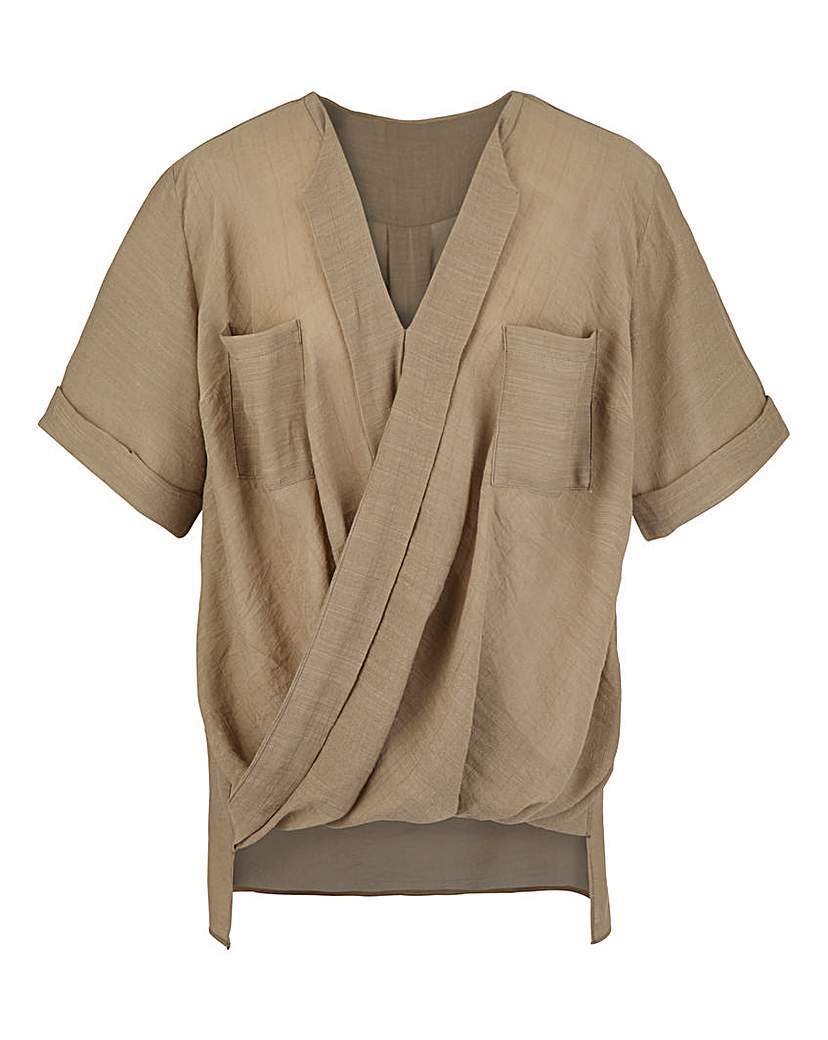 Short Sleeve Crinkle Wrap Blouse - neckline: v-neck; pattern: plain; style: wrap/faux wrap; bust detail: pocket detail at bust; predominant colour: camel; occasions: casual; length: standard; fit: body skimming; sleeve length: short sleeve; sleeve style: standard; pattern type: fabric; texture group: woven light midweight; fibres: viscose/rayon - mix; season: a/w 2015