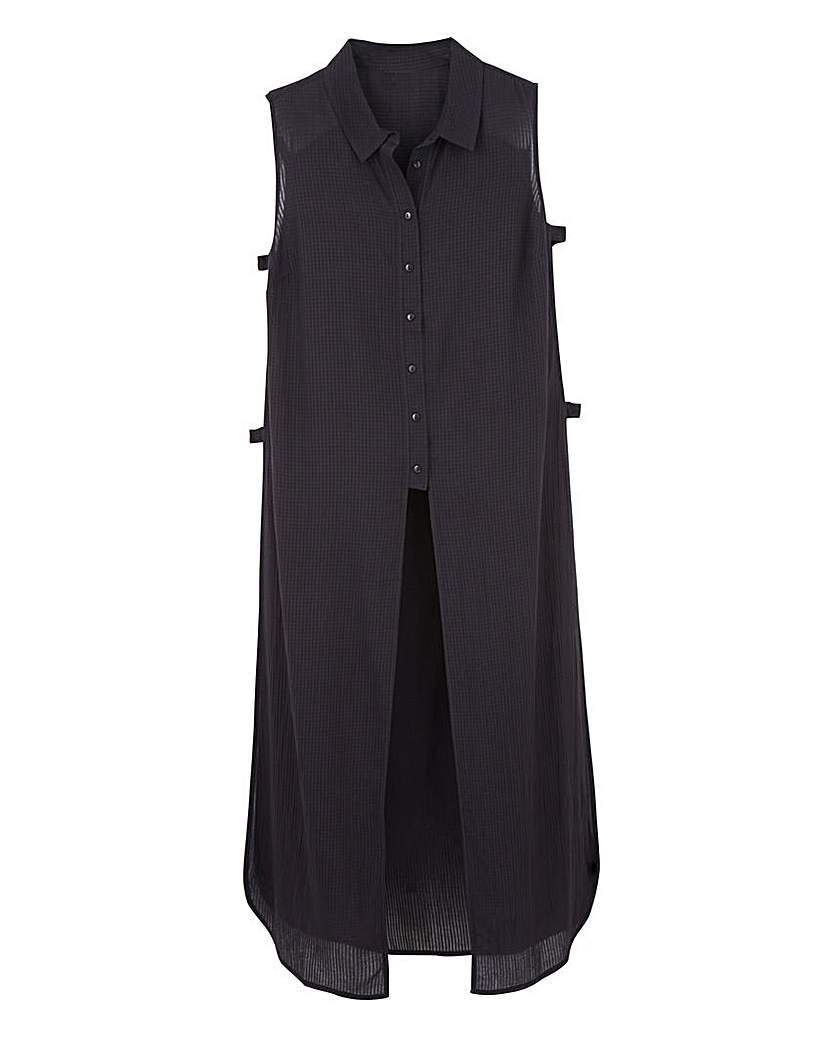 Maxi Tabard Shirt - neckline: shirt collar/peter pan/zip with opening; pattern: plain; sleeve style: sleeveless; style: shirt; bust detail: buttons at bust (in middle at breastbone)/zip detail at bust; predominant colour: black; occasions: casual; length: standard; fit: body skimming; hip detail: slits at hip; sleeve length: sleeveless; texture group: sheer fabrics/chiffon/organza etc.; pattern type: fabric; fibres: viscose/rayon - mix; season: a/w 2015