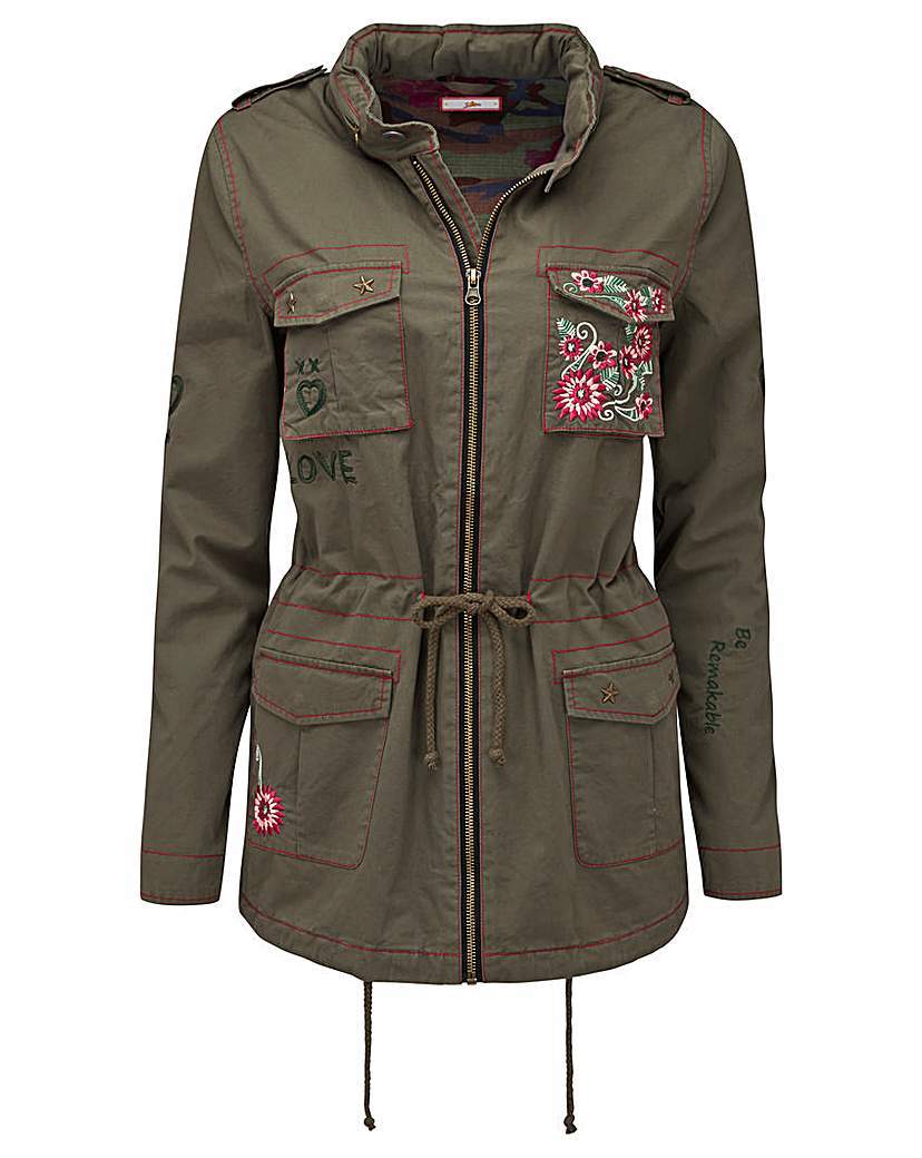 Joe Browns Khaki Jacket - style: boxy; predominant colour: pink; secondary colour: khaki; occasions: casual; fit: straight cut (boxy); fibres: cotton - 100%; length: mid thigh; collar: shirt collar/peter pan/zip with opening; sleeve length: long sleeve; sleeve style: standard; collar break: high/illusion of break when open; pattern type: fabric; pattern size: standard; pattern: patterned/print; texture group: woven light midweight; embellishment: applique; multicoloured: multicoloured; season: a/w 2015