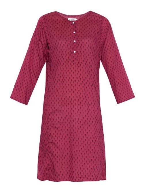 Ladey Sangria Print Cotton Dress - style: tunic; pattern: plain; bust detail: buttons at bust (in middle at breastbone)/zip detail at bust; predominant colour: hot pink; secondary colour: hot pink; occasions: casual; length: just above the knee; fit: straight cut; fibres: cotton - 100%; neckline: crew; sleeve length: 3/4 length; sleeve style: standard; texture group: cotton feel fabrics; pattern type: fabric; season: a/w 2015