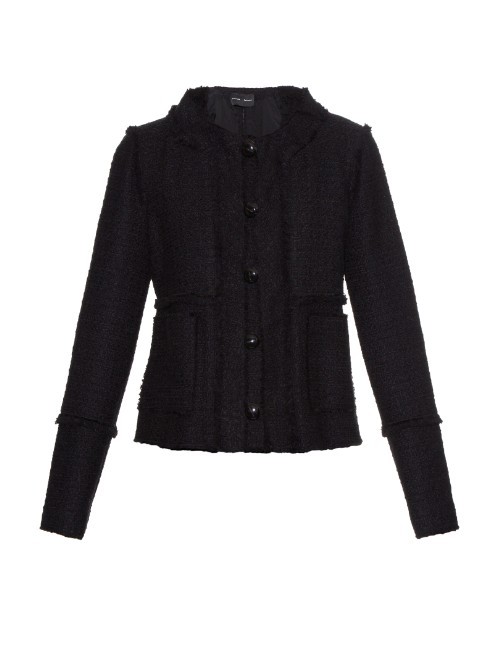 Collarless Tweed Jacket - pattern: plain; style: single breasted blazer; collar: round collar/collarless; fit: slim fit; predominant colour: black; length: standard; fibres: wool - mix; sleeve length: long sleeve; sleeve style: standard; collar break: high; pattern type: fabric; texture group: tweed - light/midweight; occasions: creative work; season: a/w 2015