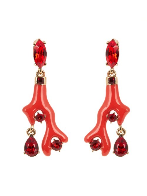 Coral Crystal Embellished Earrings - predominant colour: true red; occasions: evening, occasion; style: drop; length: long; size: standard; material: chain/metal; fastening: pierced; finish: metallic; embellishment: crystals/glass; season: a/w 2015