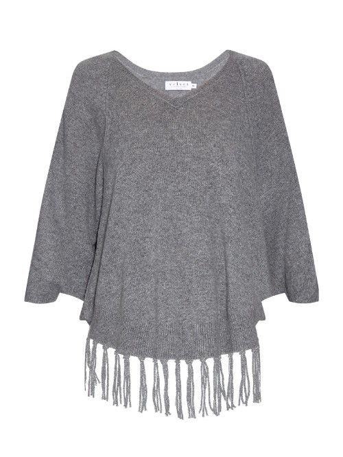 Trinity Fringed Hem Cashmere Poncho - neckline: v-neck; pattern: plain; sleeve style: sleeveless; predominant colour: mid grey; occasions: casual; length: standard; style: standard; fit: loose; fibres: cashmere - 100%; sleeve length: long sleeve; texture group: knits/crochet; pattern type: fabric; embellishment: fringing; season: a/w 2015