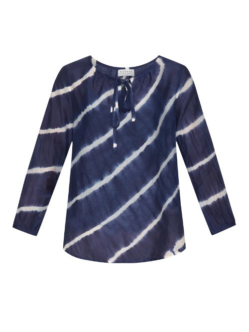 Edana Tie Dye Cotton And Silk Blend Blouse - neckline: round neck; pattern: striped; style: blouse; predominant colour: navy; occasions: casual, creative work; length: standard; fibres: silk - mix; fit: body skimming; sleeve length: 3/4 length; sleeve style: standard; texture group: silky - light; pattern type: fabric; pattern size: big & busy (top); season: a/w 2015
