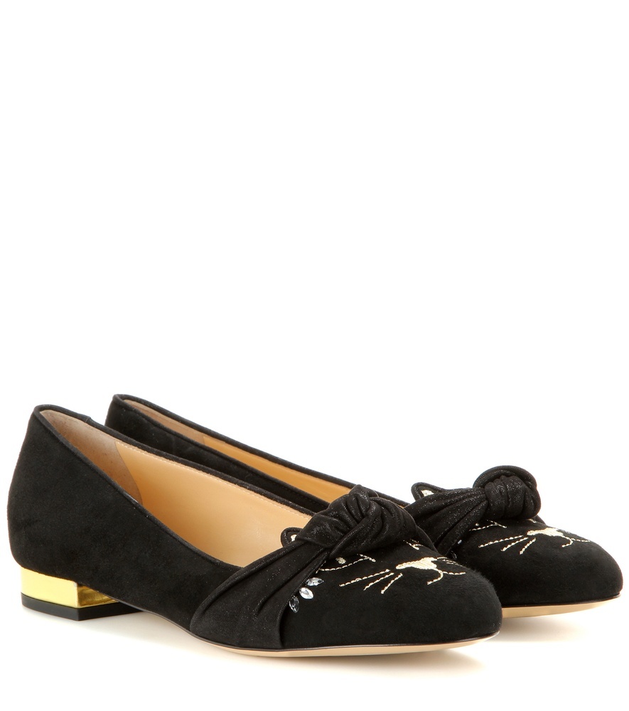 Eccentric Kitty Suede Ballerinas - predominant colour: black; occasions: casual, creative work; material: suede; heel height: flat; embellishment: embroidered; toe: round toe; style: ballerinas / pumps; finish: plain; pattern: plain; season: a/w 2015