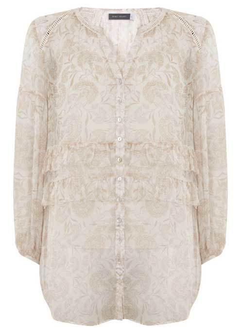 Alanis Print Ruffle Blouse - neckline: v-neck; style: blouse; predominant colour: blush; occasions: casual, creative work; length: standard; fibres: silk - 100%; fit: body skimming; sleeve length: long sleeve; sleeve style: standard; texture group: cotton feel fabrics; pattern type: fabric; pattern size: light/subtle; pattern: patterned/print; season: a/w 2015