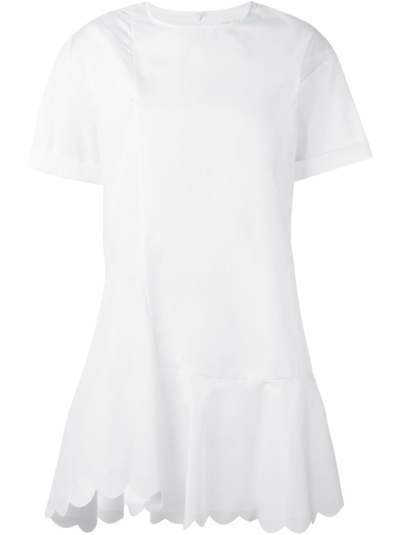 Scalloped Hem Dress, Women's, White - length: mid thigh; pattern: plain; predominant colour: white; occasions: casual; fit: body skimming; style: asymmetric (hem); fibres: cotton - 100%; neckline: crew; hip detail: soft pleats at hip/draping at hip/flared at hip; sleeve length: short sleeve; sleeve style: standard; pattern type: fabric; texture group: other - light to midweight; season: a/w 2015