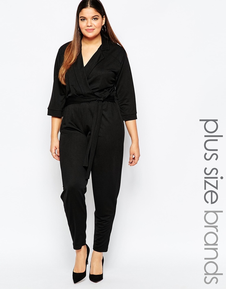 Tailored Jumpsuit Tie Waist Detail Black - length: standard; neckline: shirt collar/peter pan/zip with opening; fit: fitted at waist; pattern: plain; waist detail: belted waist/tie at waist/drawstring; predominant colour: black; occasions: evening, occasion; fibres: polyester/polyamide - stretch; sleeve length: 3/4 length; sleeve style: standard; style: jumpsuit; pattern type: fabric; texture group: other - light to midweight; season: a/w 2015