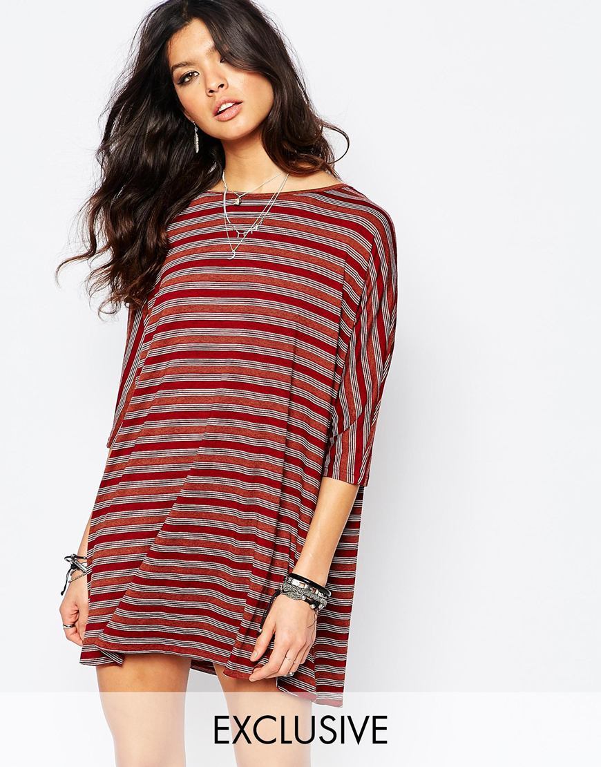 Stripe Shift Dress Multi - style: tunic; length: mid thigh; neckline: slash/boat neckline; sleeve style: dolman/batwing; fit: loose; pattern: horizontal stripes; predominant colour: burgundy; occasions: casual; fibres: polyester/polyamide - 100%; sleeve length: 3/4 length; pattern type: fabric; pattern size: standard; texture group: jersey - stretchy/drapey; secondary colour: raspberry; multicoloured: multicoloured; season: a/w 2015