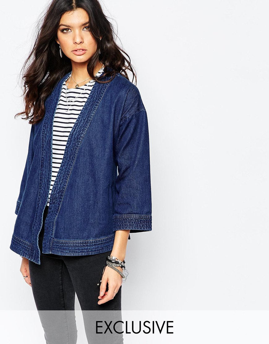 Denim Kimono Jacket Blue - pattern: plain; collar: round collar/collarless; fit: loose; predominant colour: navy; occasions: casual; length: standard; fibres: cotton - 100%; sleeve length: 3/4 length; texture group: denim; collar break: low/open; pattern type: fabric; style: fluid/kimono; sleeve style: cape/poncho sleeve; season: a/w 2015