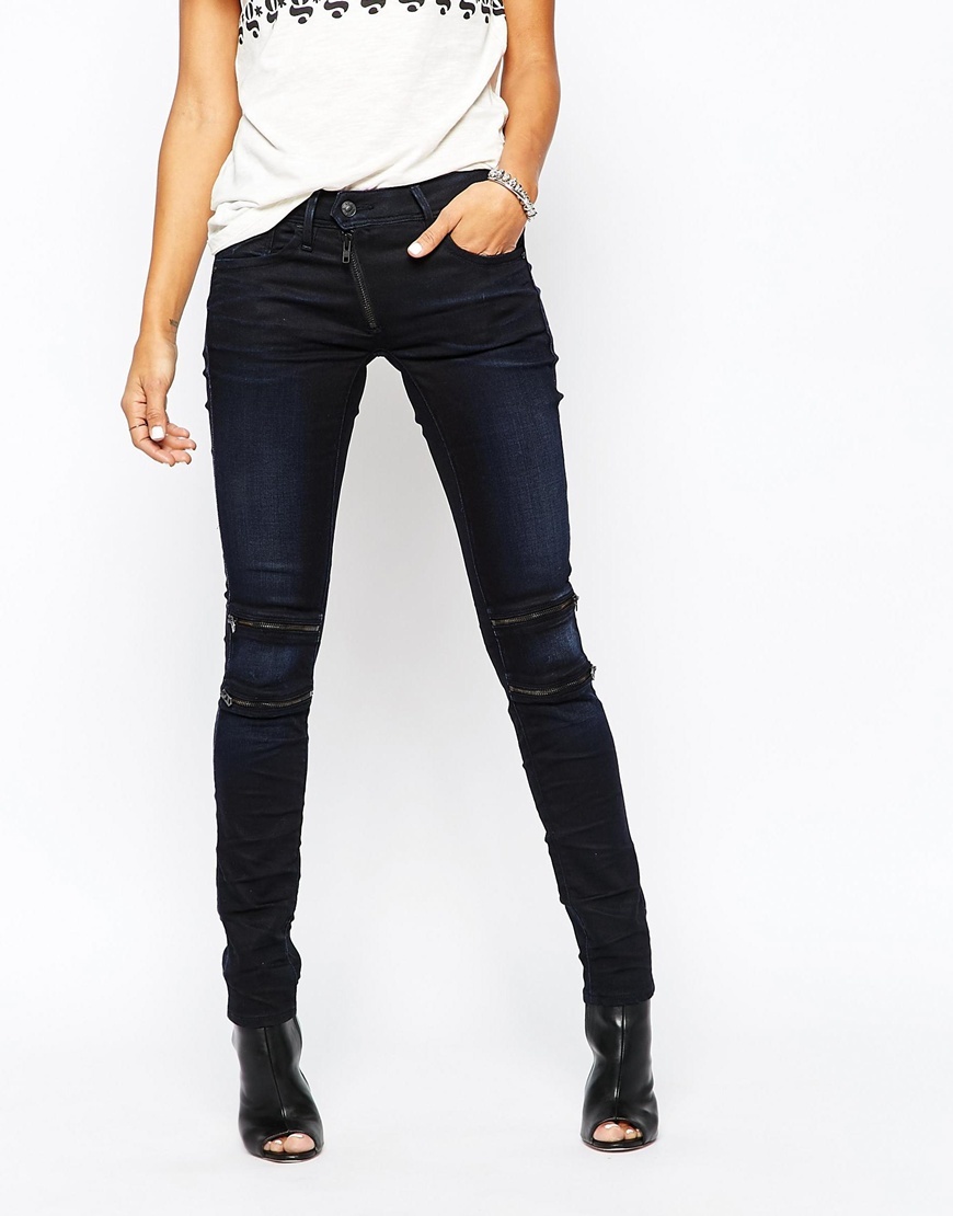 G Star Lynn Custom Mid Zip Knee Skinny Jean Blue - style: skinny leg; length: standard; pattern: plain; waist: high rise; predominant colour: navy; occasions: casual, creative work; fibres: cotton - stretch; texture group: denim; pattern type: fabric; season: a/w 2015