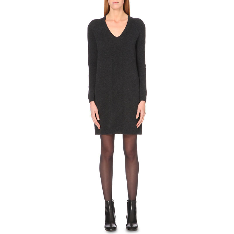 Chevron Knit Wool And Cashmere Blend Dress, Women's, Darkcharcmarl - style: jumper dress; length: mid thigh; neckline: v-neck; pattern: plain; predominant colour: black; occasions: casual, creative work; fit: body skimming; fibres: wool - mix; sleeve length: long sleeve; sleeve style: standard; texture group: knits/crochet; pattern type: knitted - fine stitch; season: a/w 2015