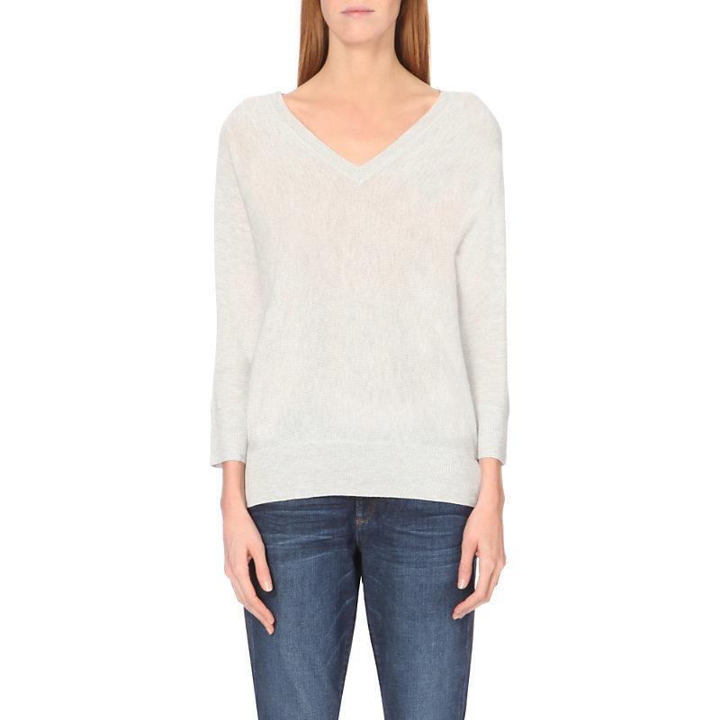 Batwing Knitted V Neck Jumper, Women's, Pale Grey Marl - neckline: low v-neck; sleeve style: dolman/batwing; pattern: plain; style: standard; predominant colour: light grey; occasions: casual, work, creative work; length: standard; fibres: polyester/polyamide - mix; fit: standard fit; sleeve length: 3/4 length; texture group: knits/crochet; pattern type: knitted - fine stitch; season: a/w 2015