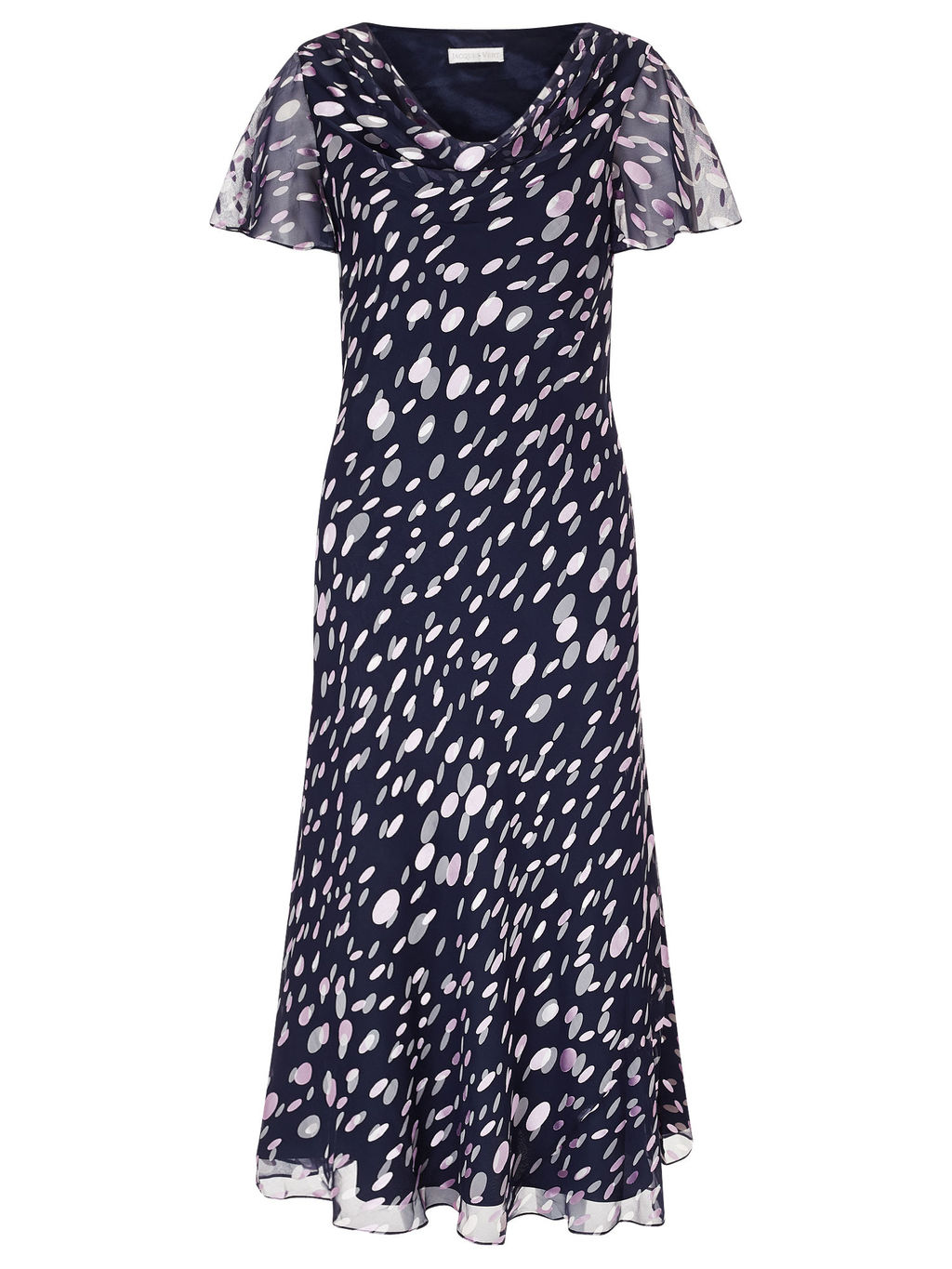 Devore Spot Print Dress, Navy/Multi - style: tea dress; length: calf length; neckline: cowl/draped neck; sleeve style: angel/waterfall; fit: bias; secondary colour: white; predominant colour: navy; fibres: polyester/polyamide - mix; occasions: occasion; hip detail: soft pleats at hip/draping at hip/flared at hip; sleeve length: short sleeve; texture group: sheer fabrics/chiffon/organza etc.; pattern type: fabric; pattern size: standard; pattern: patterned/print; season: a/w 2015