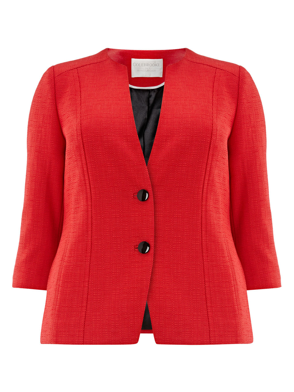 Textured Jacket - pattern: plain; style: single breasted blazer; collar: round collar/collarless; predominant colour: true red; length: standard; fit: tailored/fitted; fibres: cotton - mix; occasions: occasion; sleeve length: 3/4 length; sleeve style: standard; collar break: medium; pattern type: fabric; texture group: woven light midweight; season: a/w 2015
