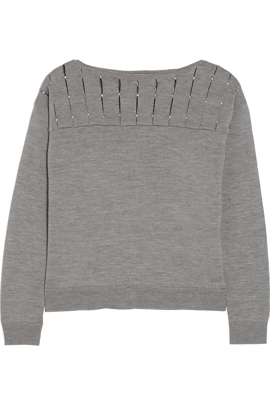 Embellished Wool Sweater Gray - neckline: slash/boat neckline; pattern: plain; style: standard; predominant colour: mid grey; occasions: casual, creative work; length: standard; fibres: wool - mix; fit: standard fit; shoulder detail: added shoulder detail; sleeve length: long sleeve; sleeve style: standard; texture group: knits/crochet; pattern type: knitted - fine stitch; embellishment: beading; season: a/w 2015