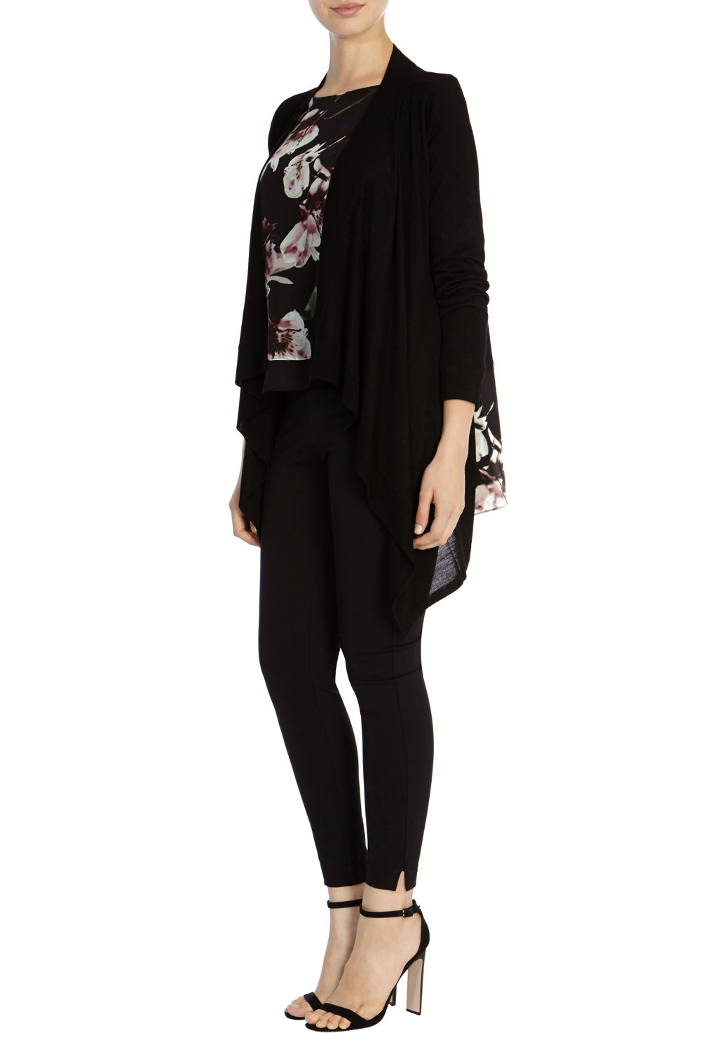 Winter Lily Printed Cardigan - pattern: plain; neckline: collarless open; style: open front; predominant colour: black; occasions: casual, work, creative work; fibres: viscose/rayon - 100%; fit: loose; length: mid thigh; sleeve length: 3/4 length; sleeve style: standard; texture group: knits/crochet; pattern type: knitted - fine stitch; season: a/w 2015