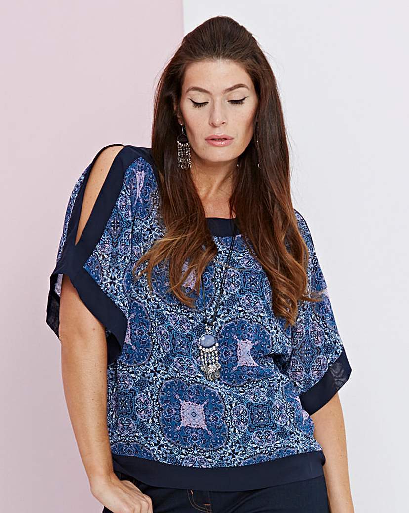 Blue Paisley Split Shoulder Top - sleeve style: dolman/batwing; secondary colour: pale blue; predominant colour: navy; occasions: casual; length: standard; style: top; neckline: scoop; fibres: polyester/polyamide - 100%; fit: straight cut; shoulder detail: cut out shoulder; sleeve length: 3/4 length; pattern type: fabric; pattern size: standard; pattern: patterned/print; texture group: other - light to midweight; season: a/w 2015