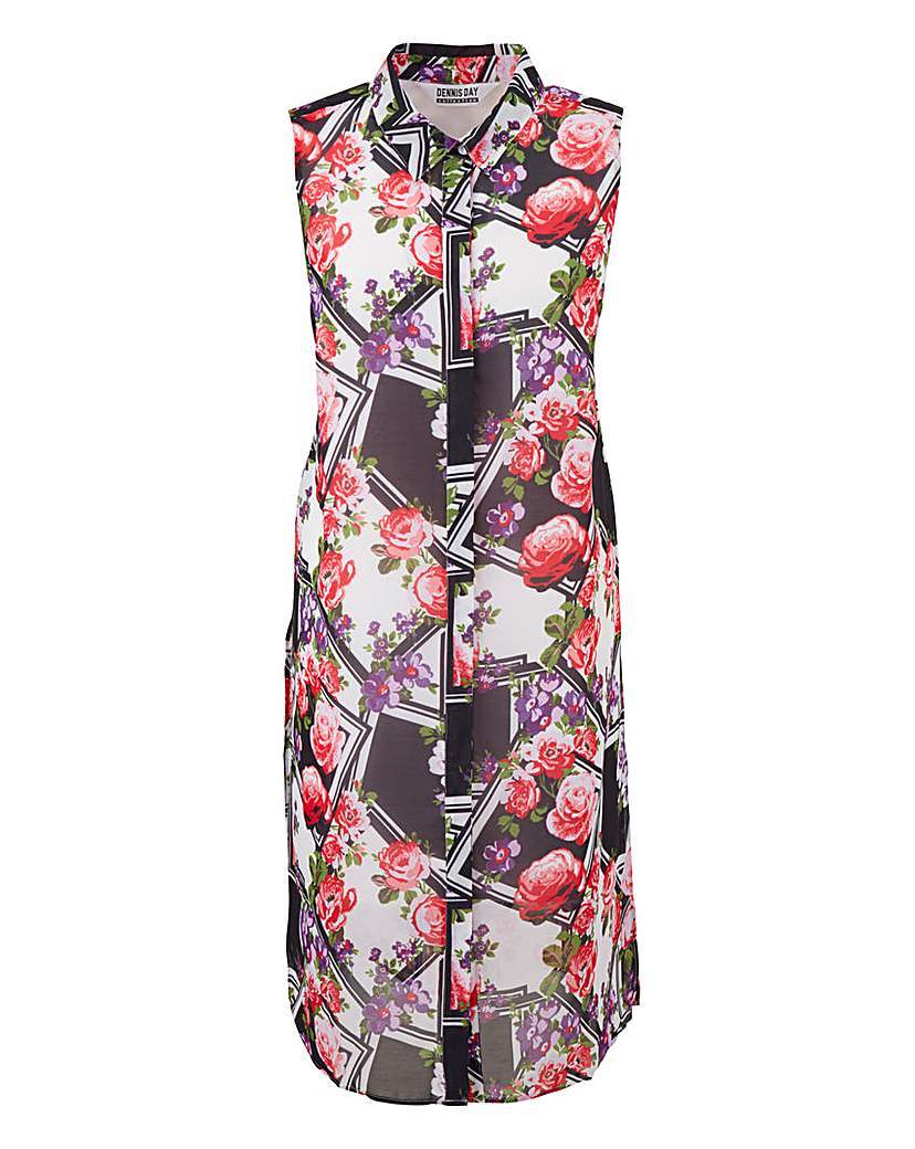 Floral/Stripe Longline Sleeveless Shirt - neckline: shirt collar/peter pan/zip with opening; sleeve style: sleeveless; style: shirt; secondary colour: pink; predominant colour: black; occasions: casual, creative work; fibres: polyester/polyamide - 100%; fit: straight cut; length: mid thigh; sleeve length: sleeveless; pattern type: fabric; pattern: florals; texture group: woven light midweight; pattern size: big & busy (top); multicoloured: multicoloured; season: a/w 2015